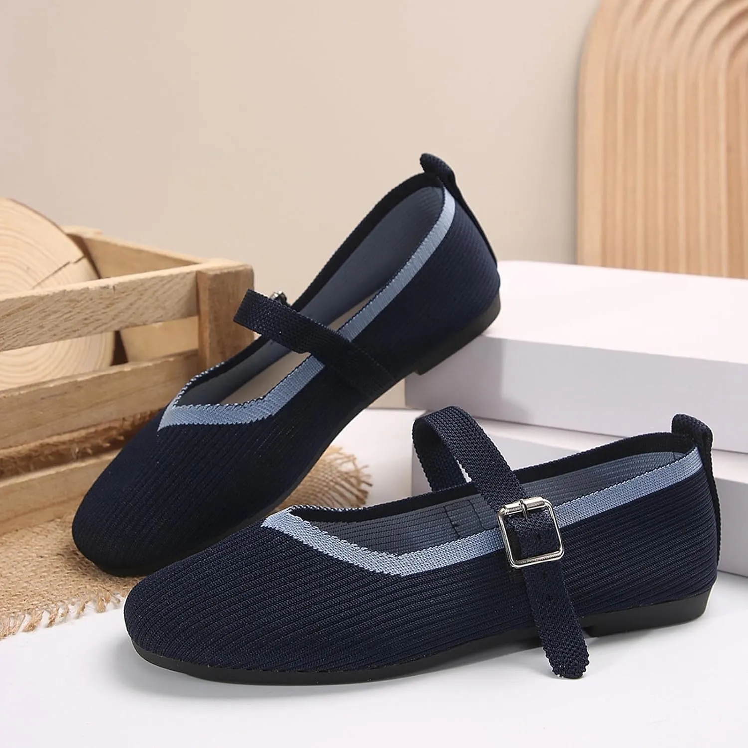 Women's Flat Shoes Flying Weave Round Toe Shallow Mouth Retro Colorblocking One Foot Stirrup Casual Work Single Shoes