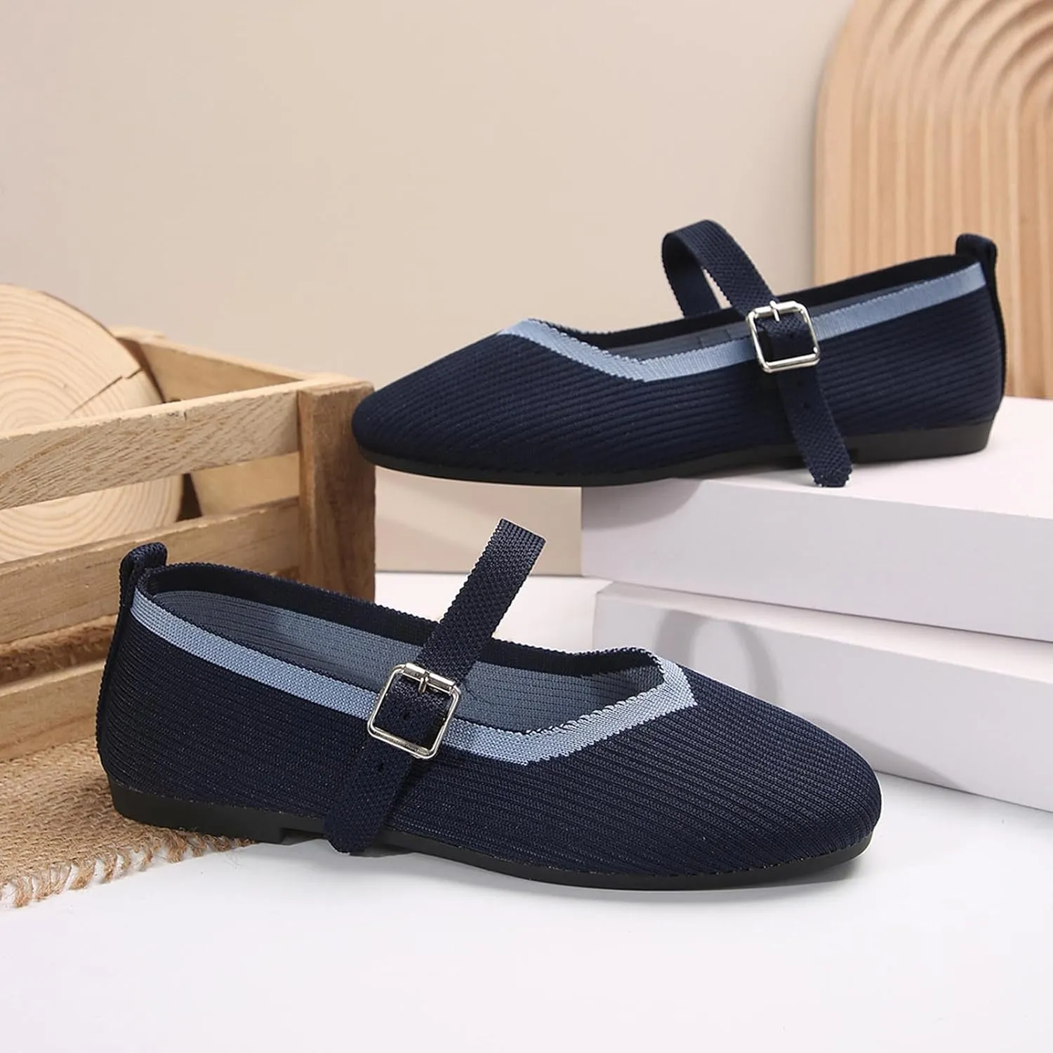 Women's Flat Shoes Flying Weave Round Toe Shallow Mouth Retro Colorblocking One Foot Stirrup Casual Work Single Shoes