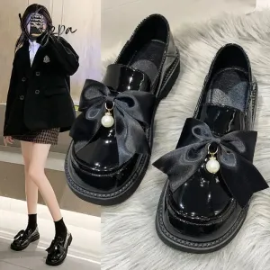 Xajzpa - British Style Small Leather Shoes Womens Autumn New French Loafers Flat Bottom Pedal Student Shoes Zapatillas Mujer