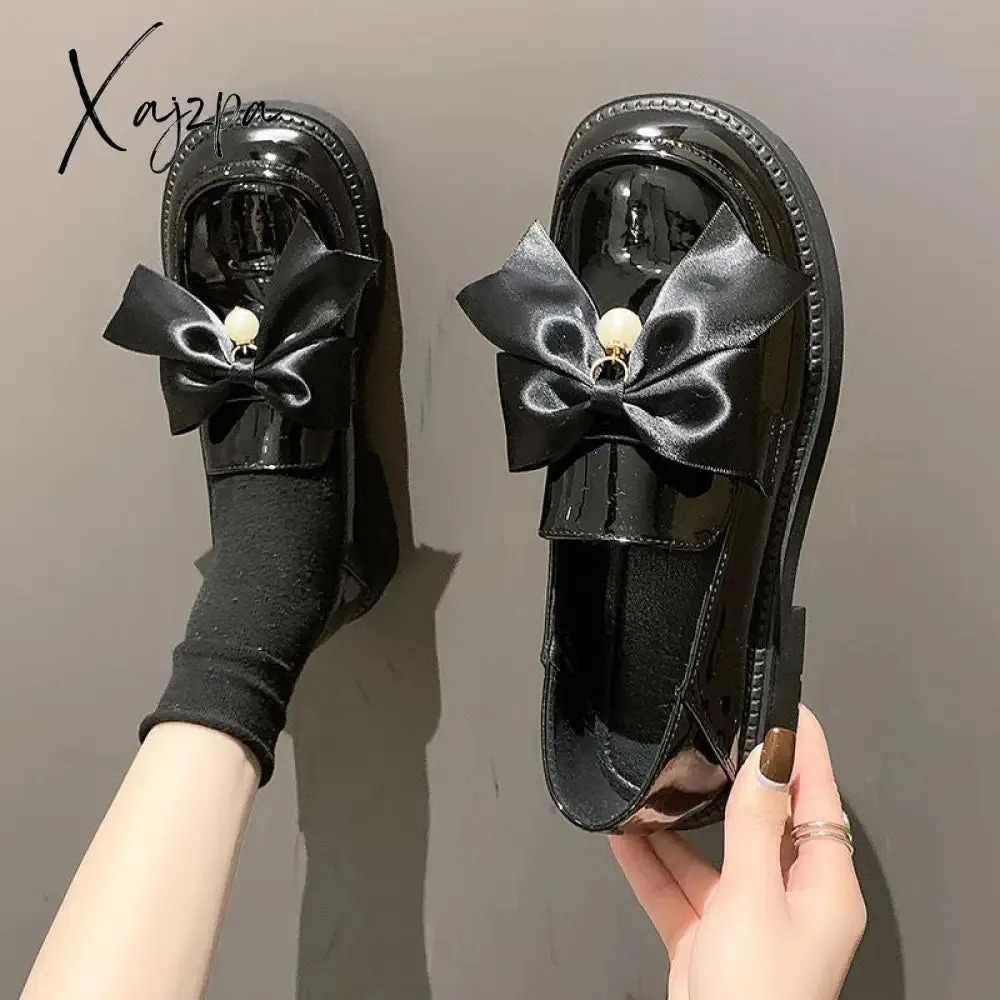 Xajzpa - British Style Small Leather Shoes Womens Autumn New French Loafers Flat Bottom Pedal Student Shoes Zapatillas Mujer