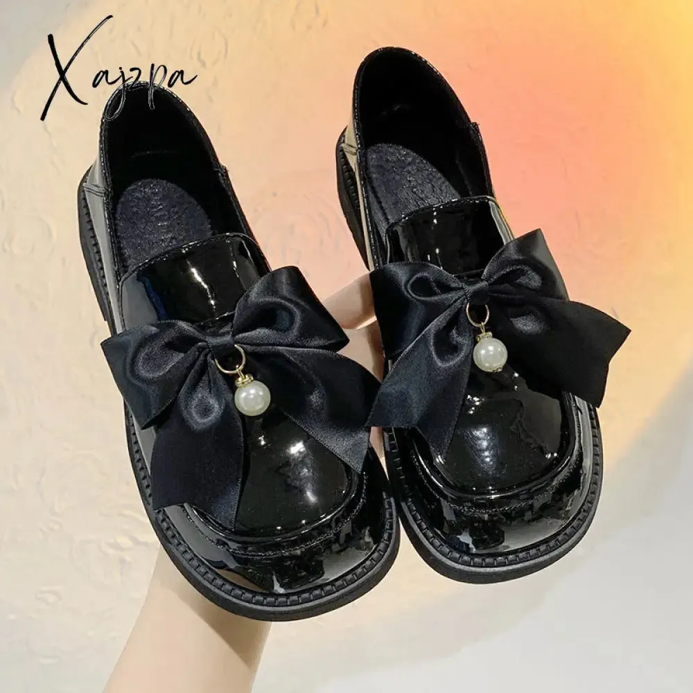 Xajzpa - British Style Small Leather Shoes Womens Autumn New French Loafers Flat Bottom Pedal Student Shoes Zapatillas Mujer