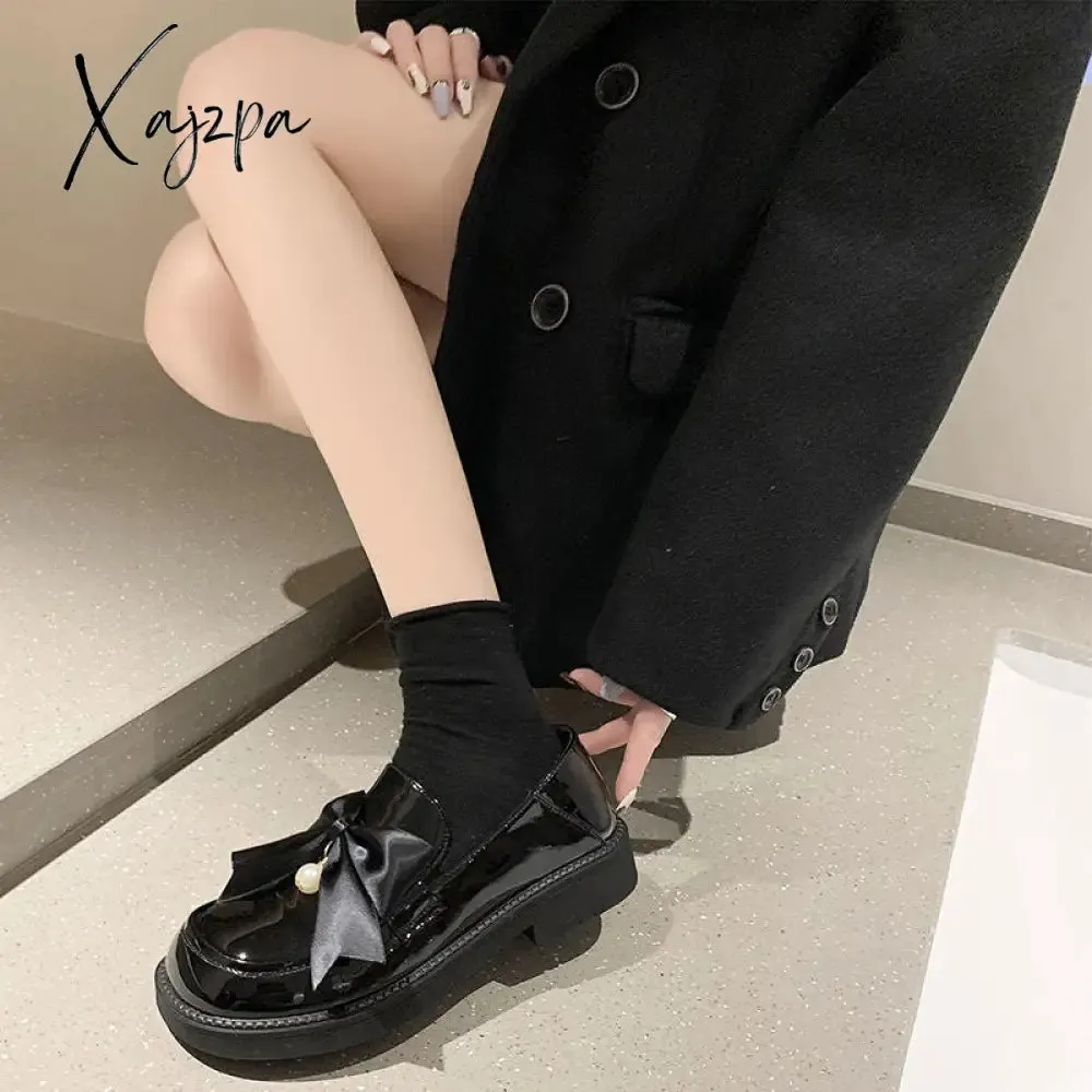 Xajzpa - British Style Small Leather Shoes Womens Autumn New French Loafers Flat Bottom Pedal Student Shoes Zapatillas Mujer