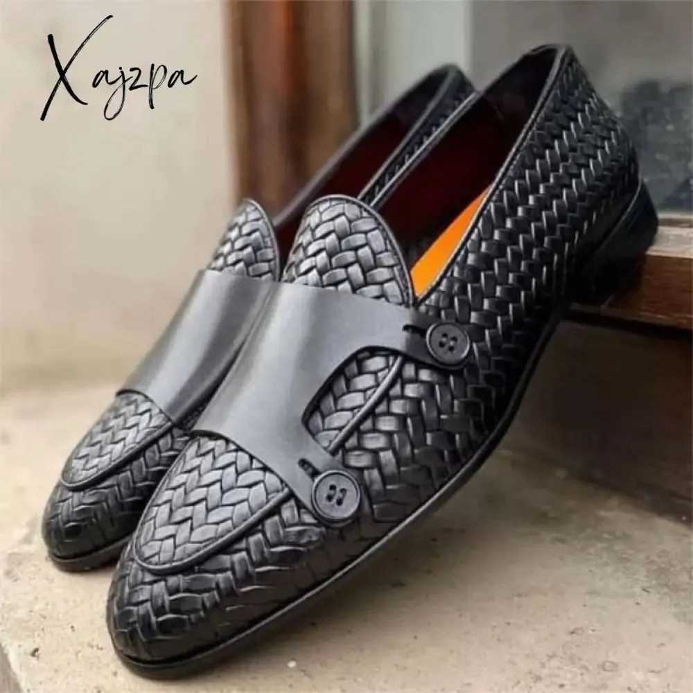 Xajzpa - Loafers Men Shoes Pu Leather Black Brown Classic Casual Wedding Party Daily Woven Pattern Double Button Fashion Dress Shoes