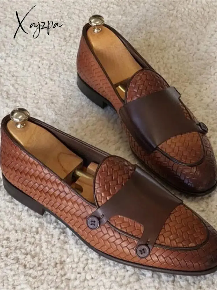 Xajzpa - Loafers Men Shoes Pu Leather Black Brown Classic Casual Wedding Party Daily Woven Pattern Double Button Fashion Dress Shoes