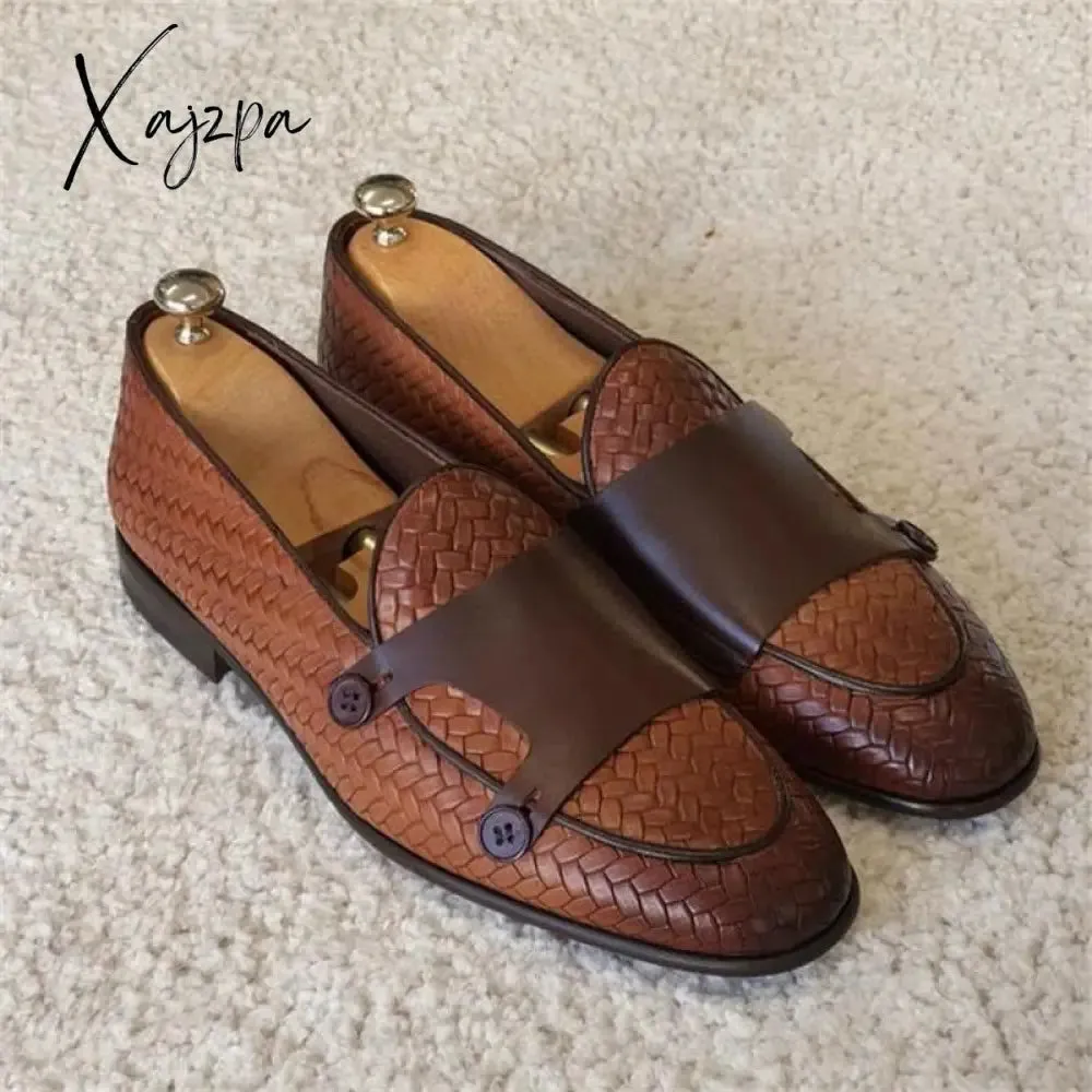 Xajzpa - Loafers Men Shoes Pu Leather Black Brown Classic Casual Wedding Party Daily Woven Pattern Double Button Fashion Dress Shoes